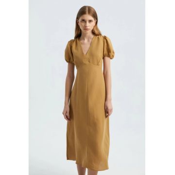 Rochie  decolteu in V - maneci bufante - mustar - textil