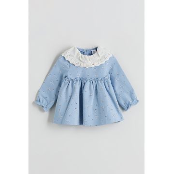 Rochie din amestec de bumbac cu model si guler cu broderie - Alb - Albastru pastel -