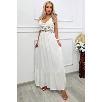 Rochie lunga de plaja TWINA, cu aspect crosetat si margele, Alb