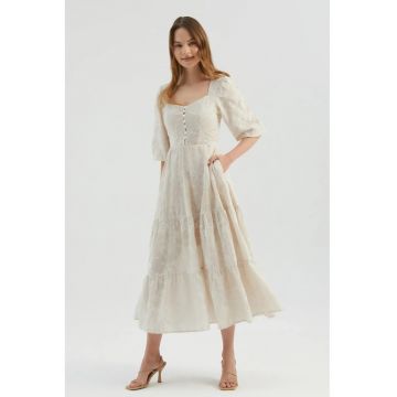 Rochie maxi -  cu decolteu - maneci - bej - textil