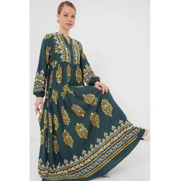 Rochie maxi dama -  cu imprimeu - decolteu in V - viscoza - multicolor