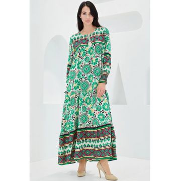 Rochie maxi dama -  cu imprimeu - inchidere cu snur - viscoza - multicolor