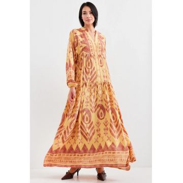 Rochie maxi dama -  cu imprimeu - viscoza - maneca lunga - galben/rosu
