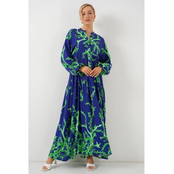 Rochie maxi dama -  decolteu in V - cu imprimeu - maneci lungi - viscoza - albastru/verde