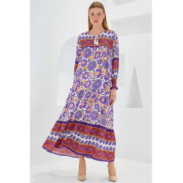 Rochie maxi dama  imprimeu - inchidere cu snur - viscoza - multicolor