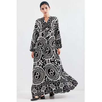 Rochie maxi dama - viscoza -  decolteu in V - alb/negru