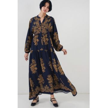 Rochie maxi dama  viscoza - decolteu in V - cu nasturi - bleumarin/galben
