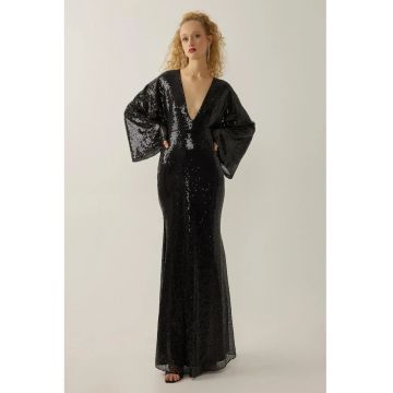 Rochie maxi -  decolteu in V - maneci de inger - neagra - textil