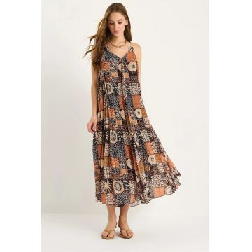 Rochie maxi -  fara maneci - decolteu in V - multicolor - tul