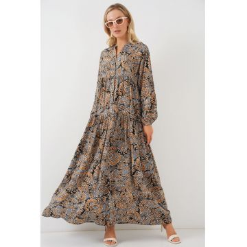 Rochie Maxi  Imprimata - Decolteu in V - Gri deschis - Textil