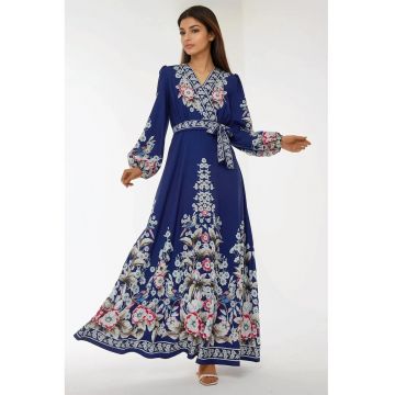 Rochie maxi -  imprimeu - decolteu in V - maneci lungi - albastra - textil