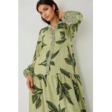 Rochie maxi -  imprimeu frunze - verde - viscoza