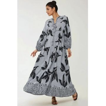 Rochie maxi -  maneca lunga - albastra - viscoza