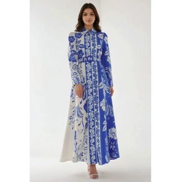 Rochie maxi  maneca lunga - imprimeu - albastru - textil