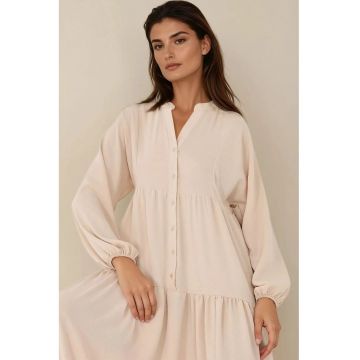 Rochie maxi -  texturata - decolteu in V - bej - textil