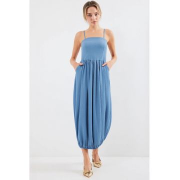 Rochie maxi tricotata  guler patrat - texturata - albastra - poliester-lycra