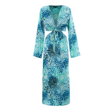 Rochie midi albastru ocean, cu imprimeu mixt și decupaj, cu talie legată