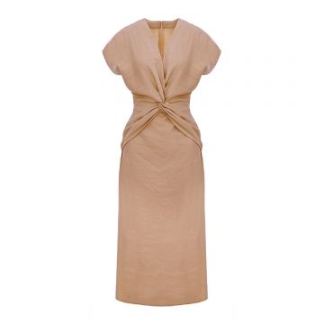 Rochie midi bej cu mâneci scurte, cu răsucire în față