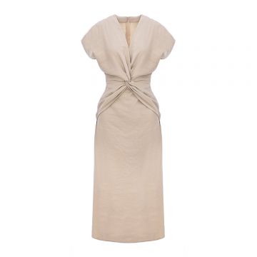 Rochie midi bej cu mâneci scurte, cu răsucire în față