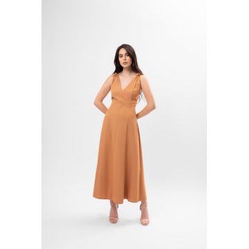 Rochie midi camel cu decolteu în V și bretele cu nod