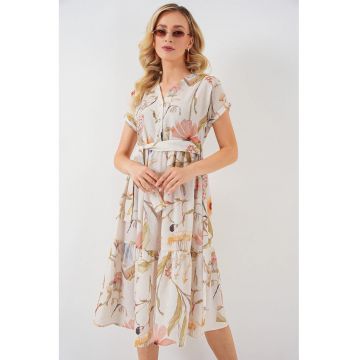 Rochie midi  cu decolteu in V si funda - bej - viscoza si in