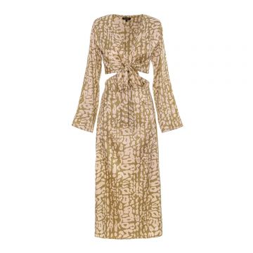 Rochie midi cu imprimeu leopard, măsliniu, decupată și talie legată