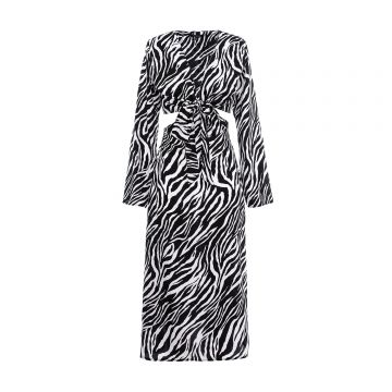 Rochie midi cu imprimeu zebră alb-negru și decupaj, cu nod