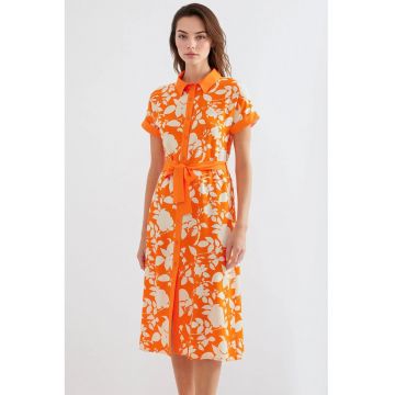 Rochie midi dama  imprimeu floral - viscoza - portocaliu/crem