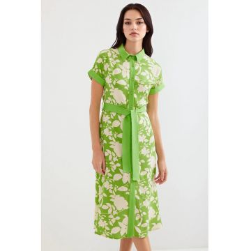 Rochie midi dama -  imprimeu floral - viscoza - verde/crem