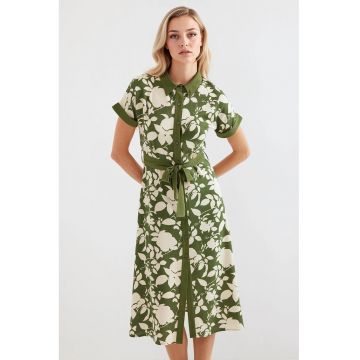 Rochie midi dama  imprimeu floral - viscoza - verde/crem