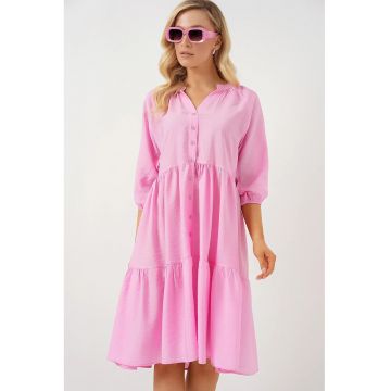 Rochie midi dama  maneci trei sferturi - viscoza/nylon - roz