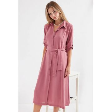 Rochie midi dama  poliester/lycra - cu guler camasa si cordon - roz