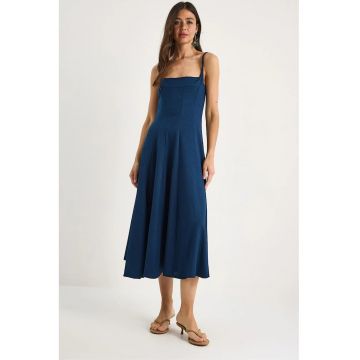 Rochie midi dama -  textil - decolteu patrat - bleumarin