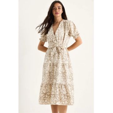 Rochie midi -  decolteu in V - broderie - bej - bumbac