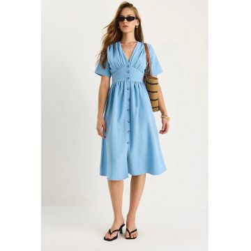 Rochie midi -  decolteu in V - textil - albastru deschis