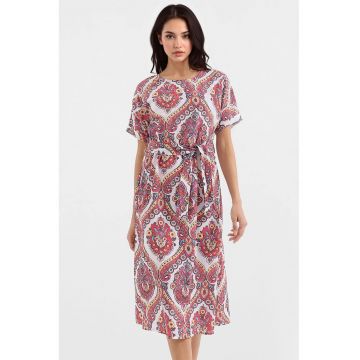 Rochie midi -  imprimeu - papion - rosu - viscoza/in