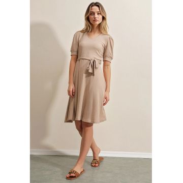 Rochie midi -  tricotata - decolteu in V - bej - jerseu