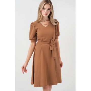 Rochie midi tricotata  texturata - decolteu in V - funda - bej - jerseu