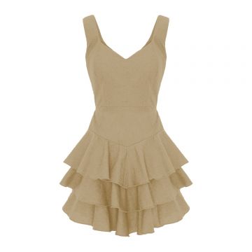 Rochie mini bej cu decolteu în V și volane în straturi