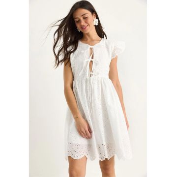 Rochie mini brodata cu funda  alb - bumbac-poliester