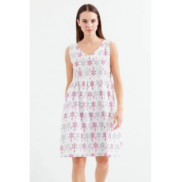 Rochie mini  cu broderie florala - decolteu in V - alb - poliester-bumbac -