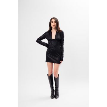 Rochie Mini cu Corset din Material Metalic Negru