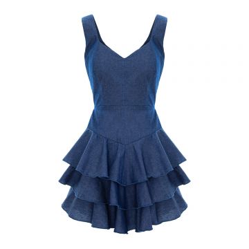 Rochie mini din denim bleumarin cu decolteu în V și volane în straturi