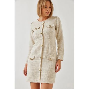 Rochie mini -  din tweed cu buzunare - bej - textil