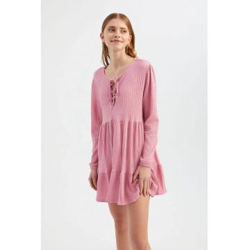 Rochie mini -  guler rotund - maneca lunga - roz - textil