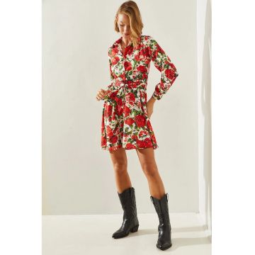 Rochie mini -  imprimeu floral - curea - multicolor - viscoza