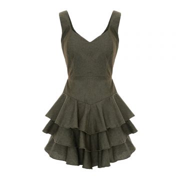 Rochie mini măslinie cu decolteu în V și volane în straturi