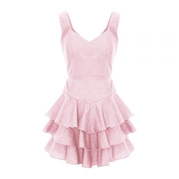 Rochie mini roz prăfuit cu decolteu în V și volane în straturi