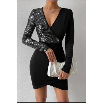 Rochie scurta Izaura, cu paiete si aspect petrecut, Negru