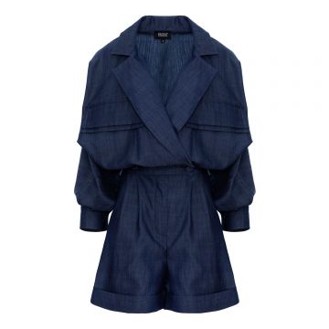 Salopeta din denim bleumarin cu mâneci supradimensionate și curea